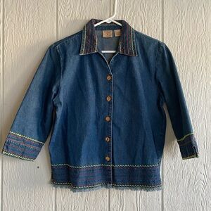 Denim Jean Colorful Embroidery 3/4 Sleeve Frayed Hem Boho Western Button Top PS